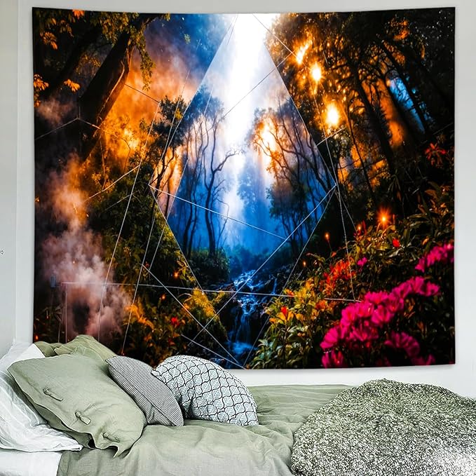 Delur Forest Tapestry Tree of Life Misty Tropical Rainforest Tapestry Wall Hanging Mystical Colorful Spiritual Psychedelic Nature Landscape Headboard for Bedroom Living Room Home Decor (51.2" x 59.1")