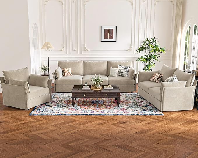 Oversized Loveseat Sofa, Modern Modular Sectional Couch Beige Fluffy Chenille Mid Century 2-Seat 24.5" Deep Seat for Apartment, Living Room, Bedroom