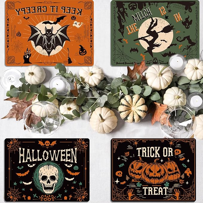 Halloween Placemats Set of 6 Gothic Bat Plastic Table Mats Pumpkin Witch Skull Ghost Halloween Place Mats Washable Vinyl Rustic Table Decoration for Indoor Outdoor Party Kitchen Dining