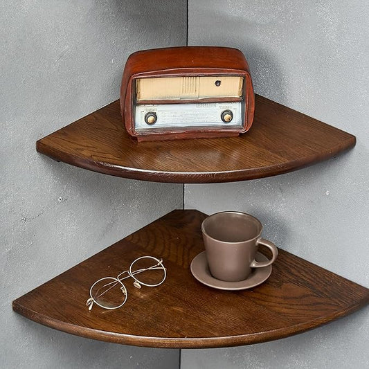 Corner Shelves, Floating Corner Shelf, Set of 2 12inch Solid Oak Wood Corner Wall Shelves, Round End with Wire Hole for Small Plant for Bedroom Kitchen, Living Room
