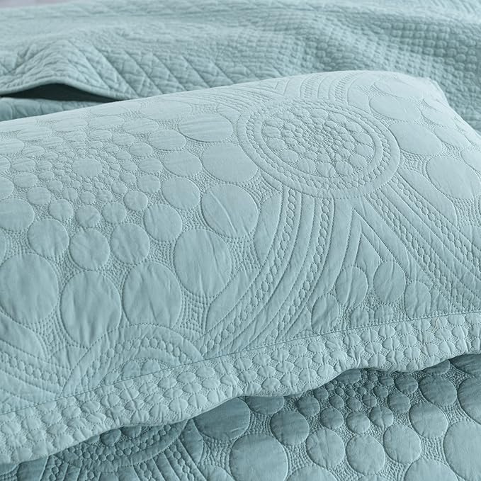MarCielo 3-Piece 100% Cotton Oversized Bedspread Lightweight Quilt Coverlet Embroidery Farmhouse Bedding (Tf Aruba Blue, Oversized King (118"x106"))