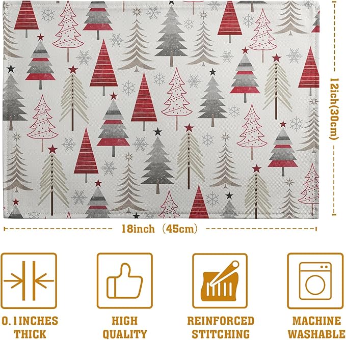 Christmas Tree Placemats Set of 4 Geometric Colorful Xmas Place Mats 12x18 Inch Seasonal Winter Holiday Farmhouse Washable Linen Table Mat for Party Kitchen Dining Decoration
