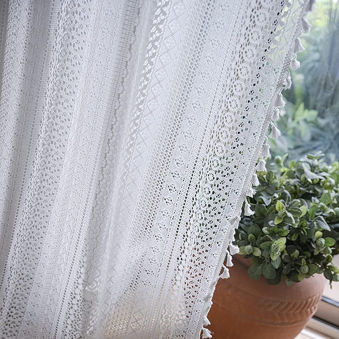 Sutuo Home White Crochet Boho Curtain 96 Inches Long, Sheer Lace Handmade Tassels Knitted Window Treatment Vintage Rustic Bohemian Farmhouse Drape for Bedroom Rod Pocket 1 Panel 59" W x 96" L