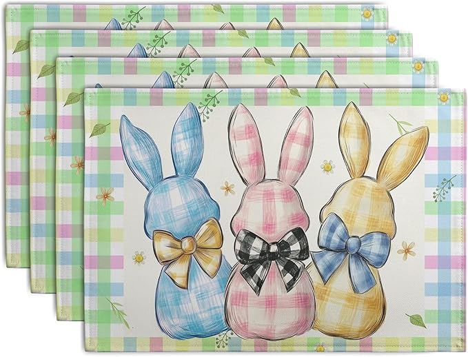 Easter Bunny Placemats Set of 4 Green Blue Pink Yellow Buffalo Plaid Rabbits Floral Bow Place Mats 12x18 Inch Happy Easter Table Mats for Spring Party Kitchen Dining Holiday Decor