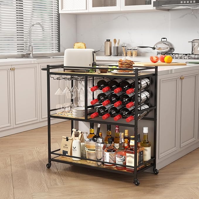 Lifewit Bar Cart for The Home, 3 Tier Drink Cart with Lockable Wheels, 12 Wine Rack and 3 Rows Glass Holders, Liquor Serving Cart for Kitchen Dining Livingroom, 31.6" x 13.1" x 33.9", Rustic Brown