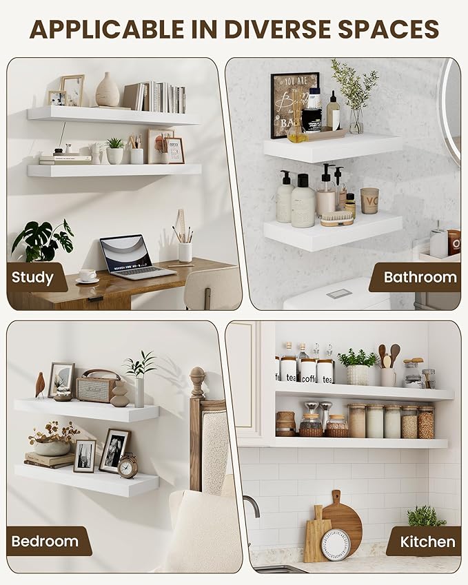 Marsmiles 55" Floating Shelves for Wall, Wooden Shelves with Invisible Brackets Set of 2, Rustic Farmhouse Wall Mounted Shelf for Kitchen Bathroom Living Room Study, White