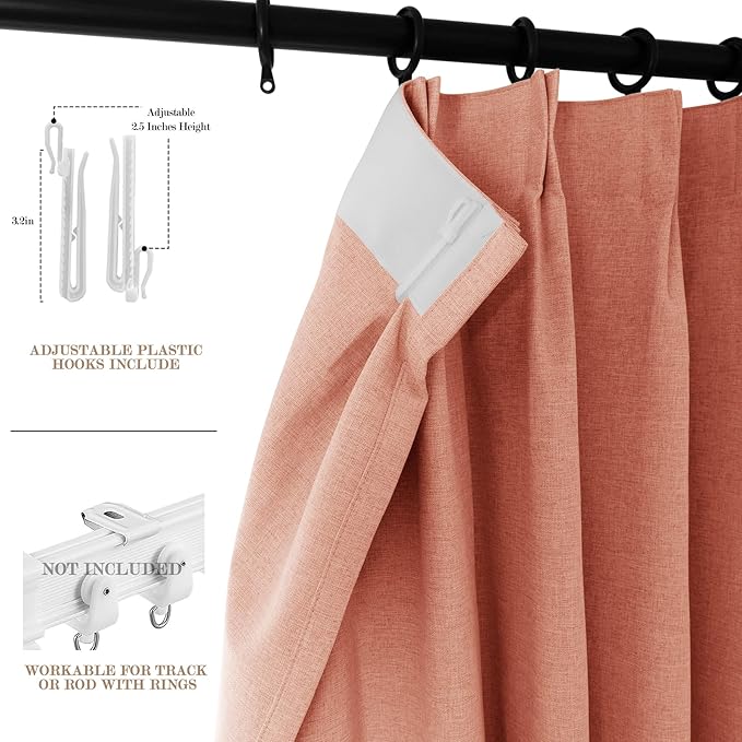 Orange Pinch Pleat 100% Blackout Drapes Linen Blend, Room Divider, Room Darkening, Energy Saving, Furniture Protecting, Light Blocking Extra Wide Privacy Curtains, 200Wx108L, 1 PC