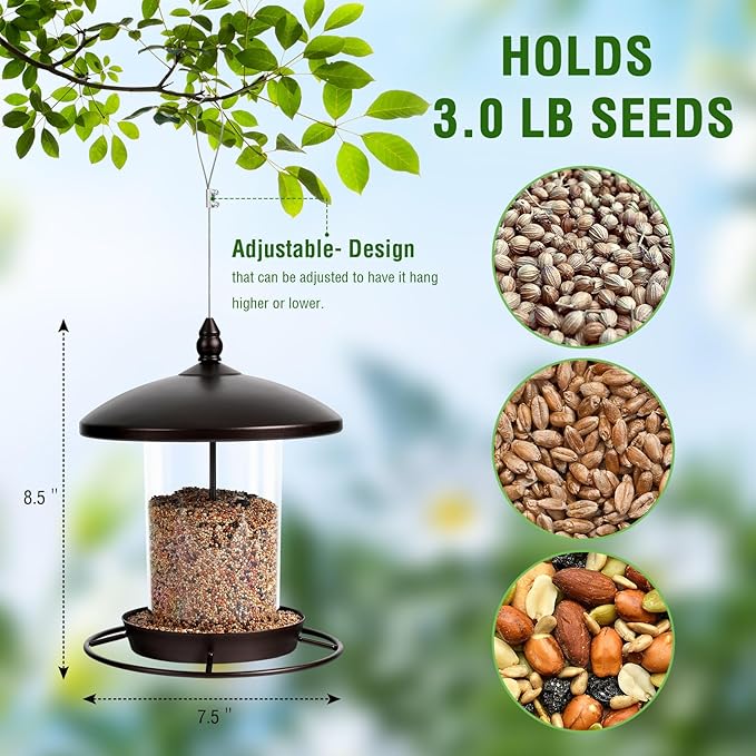 Metal Bird Feeder for Outdoors Hanging,3.0LB Seed Feeder,Easy to Fill & Clean,360° Feeding,Weatherproof Roof for Gardens and Wild Birds,Brown