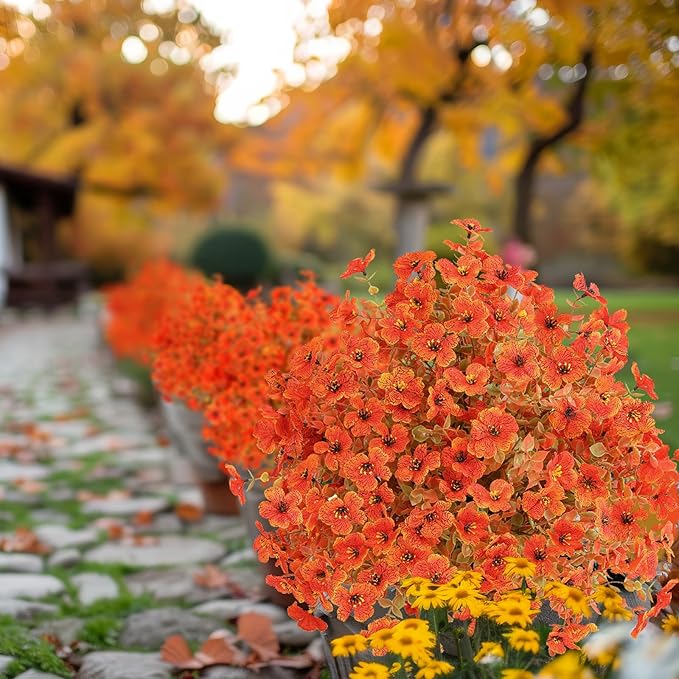 Set of 2 Artificial Fall Topiary Ball Flowers for Outdoor Decoration with Spike 20", UV Resistant Fake Autumn Floral Shrubs, Realistic Faux Bushes Plants for Garden,Yard,Porch and Patio Decor