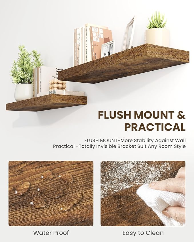 Marsmiles 31.5" Floating Shelves for Wall, Wooden Shelves with Invisible Brackets Set of 2, Rustic Farmhouse Wall Mounted Shelf for Kitchen Bathroom Living Room Study, Rustic Brown