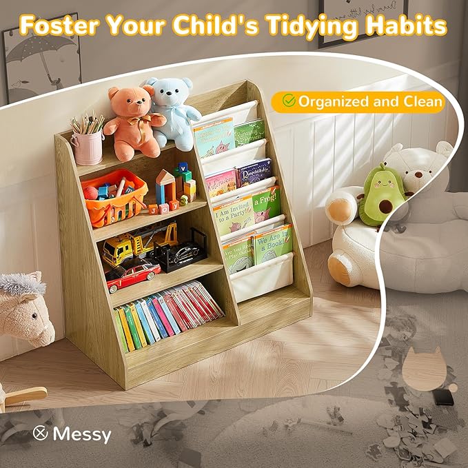 Kids Bookshelf, 4-Tier Kids Wooden Bookshelf with Toy Storage Montessori Toy Shelf, 32”L x 16”D x 32”H Nursery Bookshelves Childrens Bookcase Baby Toddler Book Shelf for Kids Rooms Clearance