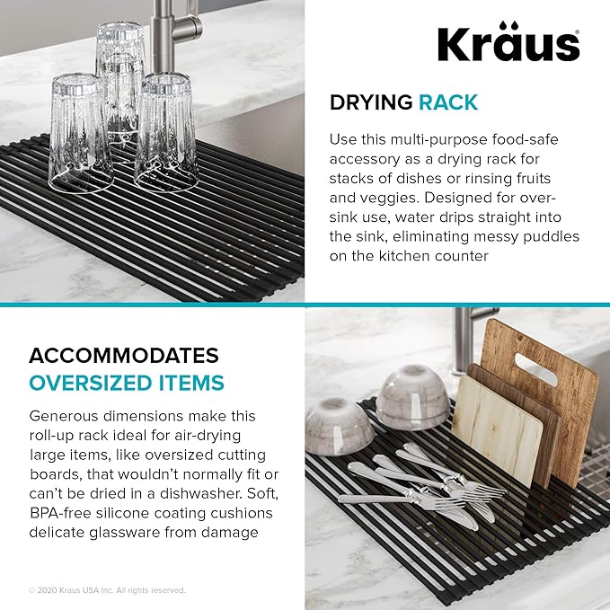 Kraus Multipurpose Over-Sink Roll-Up Dish Drying Rack, Colander and Trivet in Light Grey, KRM-10GREY