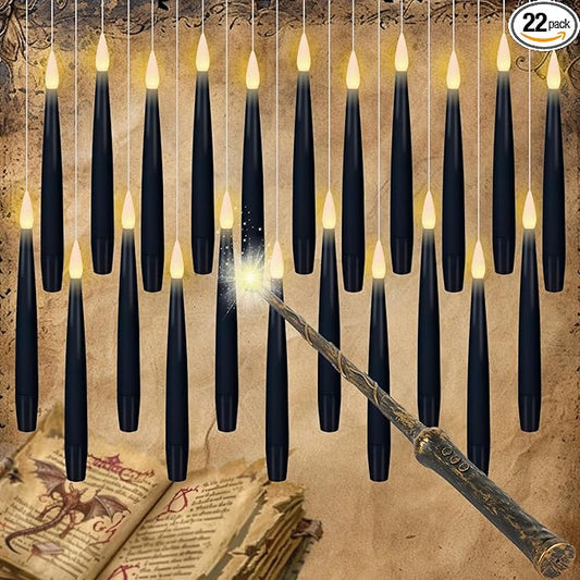 GenSwin 22pcs Flameless Floating Candle with Magic Wand Remote Timer, Battery Operated Hanging Window Candles Flickering, 6.1" LED Electric Candles for Christmas Halloween Decorations(Black)