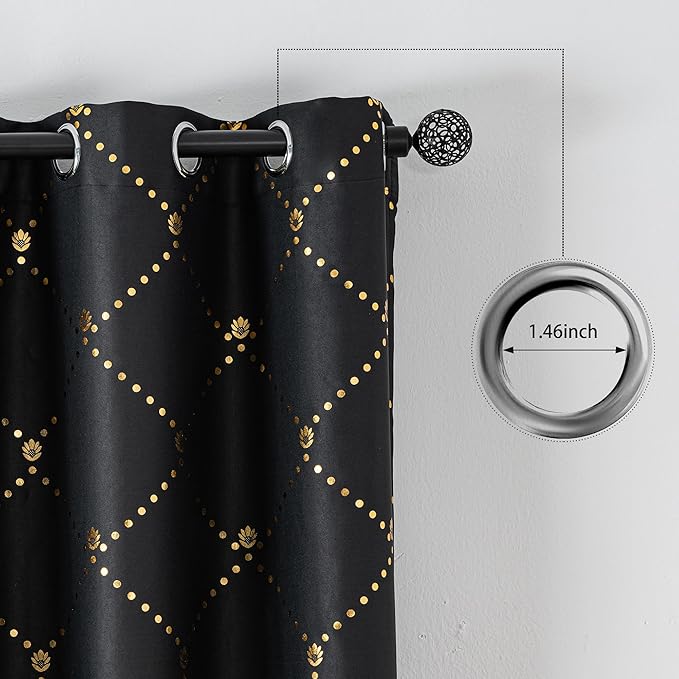 Grommets Blackout Long Window Curtains Black Gold-52W*95L 2PCS Drapes for Bedroom