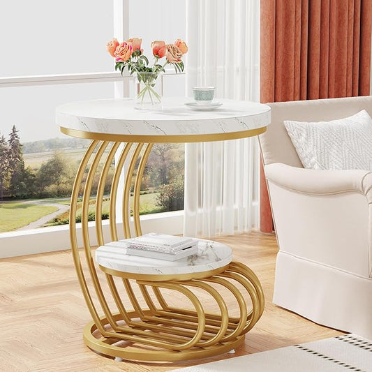 Tribesigns Gold Round End Table: 2 Tiers Faux Marble Side Table with Storage Shelf, Modern White Gold Bedside Nightstand, Metal Arc-Shaped Frame Accent Table for Living Room, Bedroom