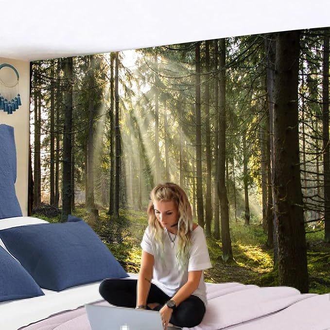 Onivein Forest Tapestry Nature Sunlight Streaming Through Green Trees Wall Hanging for Bedroom Living Room Office Decor 90 x 70 Inches