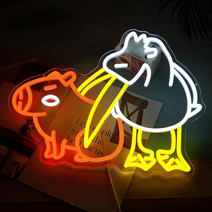 LISIGNVE Capybara Pelican Neon Sign for Wall Decor Funny Capybara Led Neon Light Sign Pelican Neon Light for Children's Room Kindergarten Bedroom Zoo Art Wall Decor(16.5”*12.6”)
