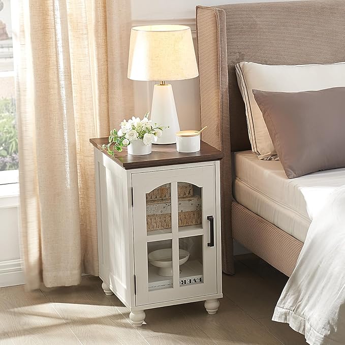 Narrow Side Table,Farmhouse Nightstand with Charging Station,Wood End Table with Glass Barn Door Storage, Cabinet Organizer with Adjustable Shelf, Night Stand for Small Spaces for Living Room Bedroom