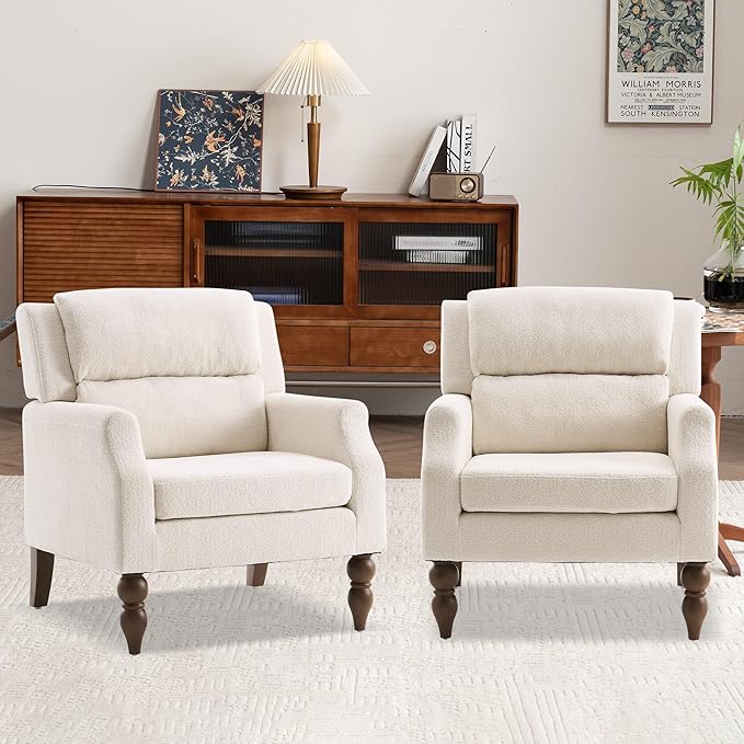 Kidol & Shellder White Oversized Accent Chair for Living Room Set of 2 Modern Reading Chair with Back Wide Upholstered Comfy Single Sofa Chair for Bedroom Lounge Side Corner Fabric Armchair