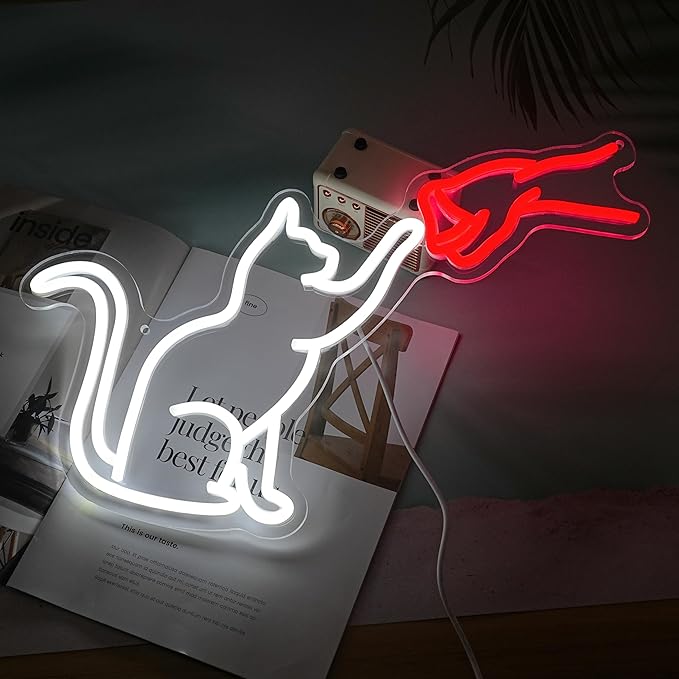 LISIGNVE Cat Handshake Neon Sign Human Beings and Animals Neon Light for Wall USB Light Up Sign Cat Led Sign for Pet Shop Bedroom School Museum Zoo (16.5”*12.6”)