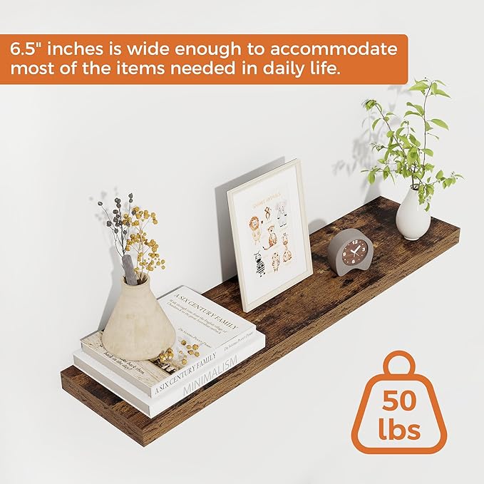 Fun Memories Floating Shelves for Wall, 27.5" Rustic Wood Deep Wall Mounted Shelves with Invisible Brackets for Decor & Storage, Floating Shelf for Living Room, Bathroom (Rustic Brown, Set of 2)