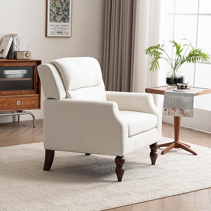 Kidol & Shellder White Oversized Accent Chair for Living Room Mid Century Modern Reading Chair with Back Wide Upholstered Comfy Single Sofa Chair for Bedroom Lounge Side Corner Chair Fabric Armchair