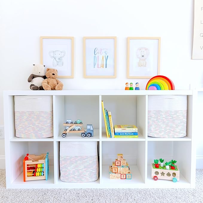 NaturalCozy 13 Inch Cube Storage Bins Cotton Rope Woven Baskets for Organizing 3-Pack | 13 x 13 Storage Cubes | Fabric Square Storage Baskets for Shelves Organizer, Kids Toy Bins, Closet Baby Nursery