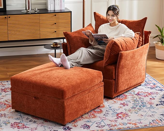 Oversized Accent Chair, Upholstered Modern Sofa Chair with Removable Backrest & Detachable Cover, 24.5" Deep Seat Large Reading Armchair for Living Room Bedroom - Chenille Terracotta Set of 2