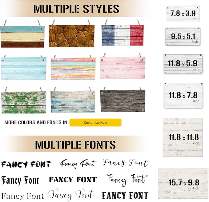 Personalized Hanging Wood Signs, Customized Door Board with Multiple Wood Background and Fonts to Choose, Design Your Rustic Decoration Sign for Home Kitchen Farmhouse 11.8x11.8 inch