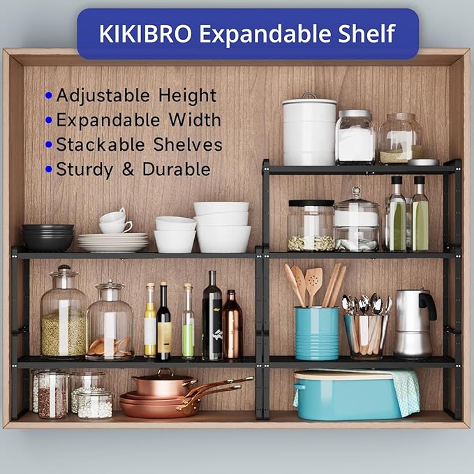 Expandable Cabinet Shelf Organizers, Kitchen Small Stand Rack Organization for Countertop Cupborad Pantry, Black 1 Pack