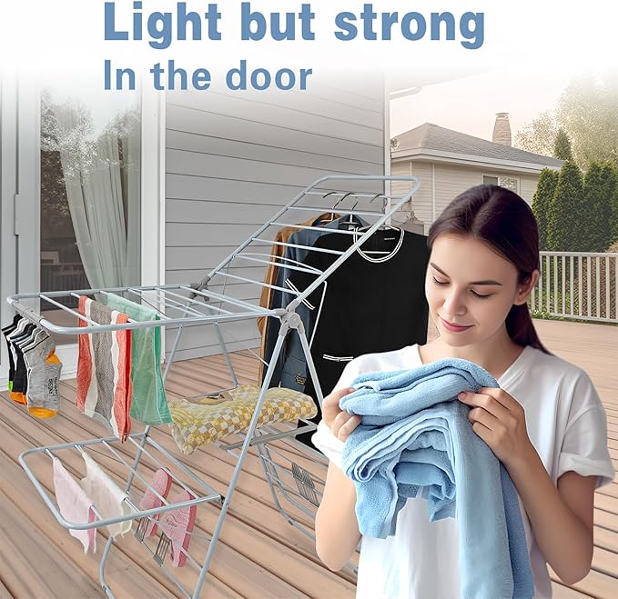 Large Capacity Double Drying Rack, Folding Rustproof Drying Rack with Non-Slip Clips and Drainage Shoe Rack, Height Adjustable, Airy and Quick Drying, Suitable for Balcony and Outdoor Use