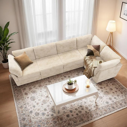 Modular Sectional Sofa with Chaise U Shaped Sectional Couch for Living Room, 5-Seater Comfy Cloud Couches, Plush Corduroy, Beige
