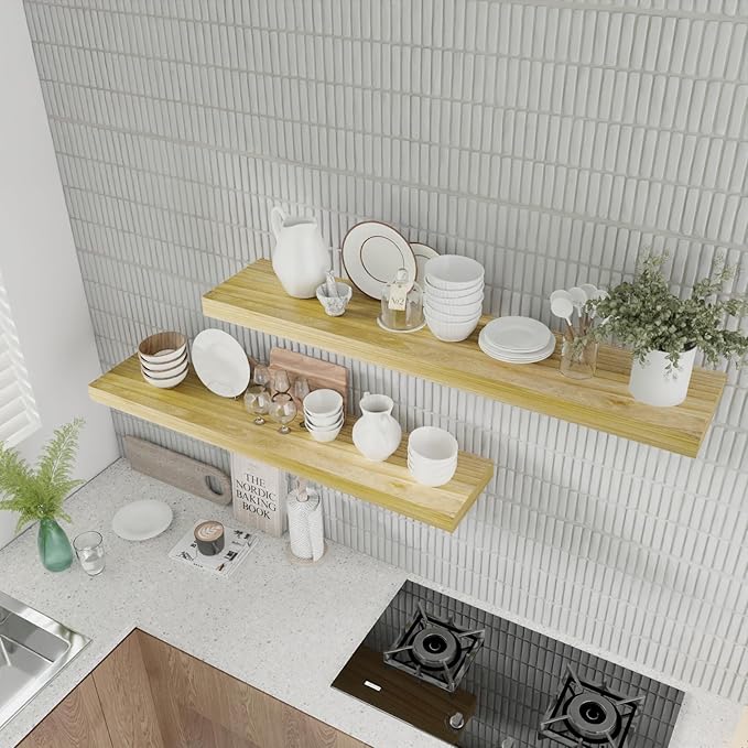 IAE Floating Wall Shelves 48 inch,Bathroom Shelves Wall Mounted,Invisible Shelves Floating Kitchen Shelves,Wooden Wall Shelves with Brackets for Living Room Wall Mounted,Easy Install,Set of 2,Natural