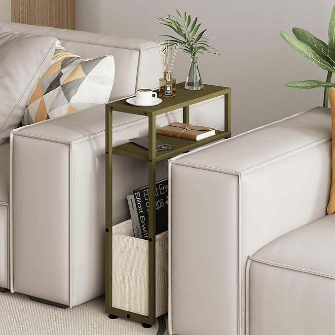 Narrow Side Table, Slim End Tables with Fabric Basket, Skinny Table for Small Spaces, Thin Bedside Table for Living Room, Bedroom (1, Forest Green + Camel Brown)