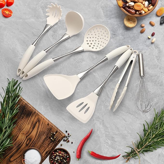 Premium White Silicone Cooking Utensils Set-Non-Toxic, Heat Resistant, BPA Free Kitchen Utensils Set with Spatula, Spoon, Whisk & Tongs-Non-Stick& Dishwasher Safe for Nonstick Cookware