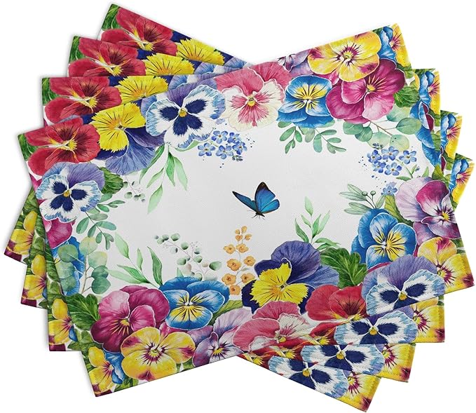 Watercolor Flowers Placemats Set of 4 Spring Summer Floral Butterfly Linen Fabric Table Mats Pansy Flower Eucalyptus Leaves Washable Place Mats for Farmhouse Dining Table Kitchen Decoration