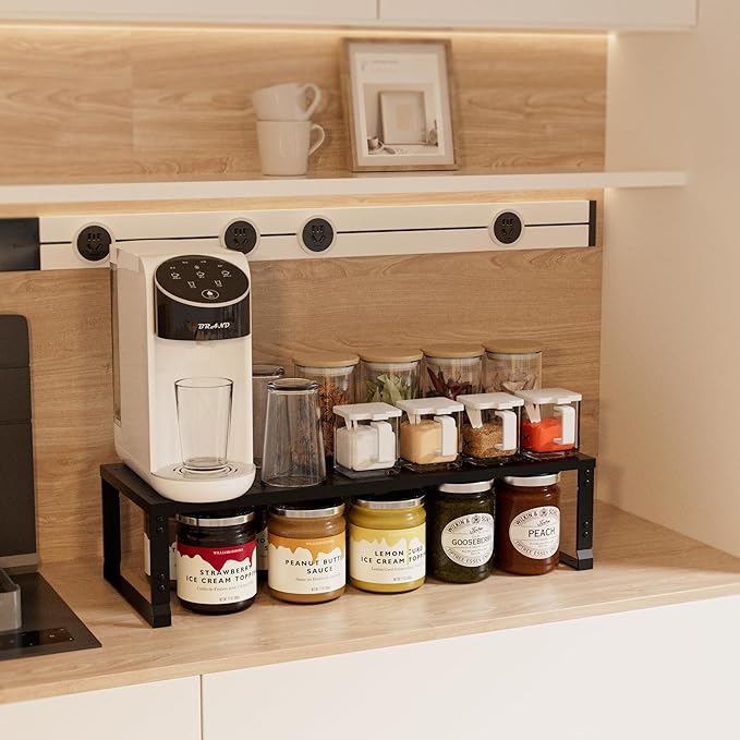 Expandable Spice Rack,Stackable Storage for Cabinet, Multi-Functional Kitchen Shelving,Height-Adjustable,Sustainable Organizer Solution(2Packs/Black/Large)