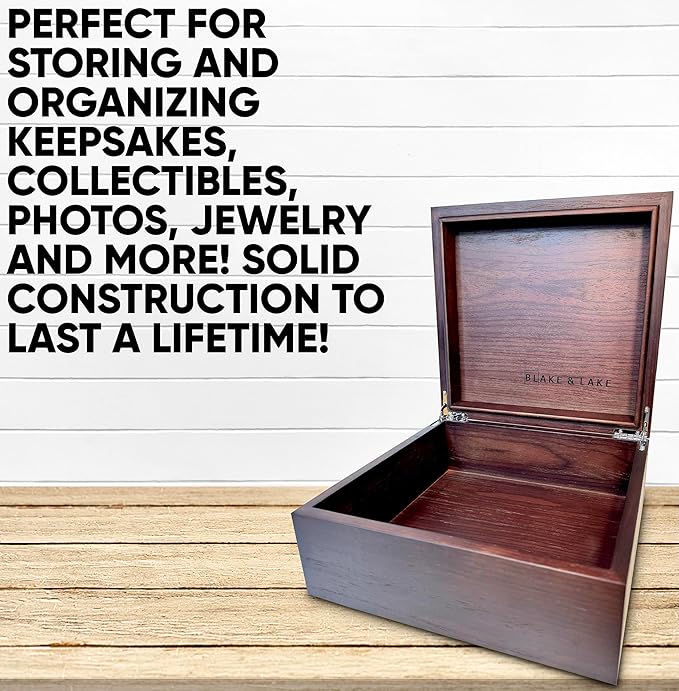 Blake & Lake Wooden Box with Hinged Lid - Solid Walnut Wood Eco Box - Wood Storage Box with Lid - Wooden Keepsake Box - Decorative wooden boxes with lids (Walnut)
