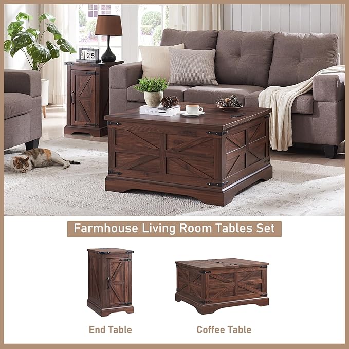 JXQTLINGMU Farmhouse Nightstand Set of 2 with Charging Station, 17" D Rectangular End Table with Barn Door & Adjustable Storage Shelf, Wood Rustic Sofa Side Table for Living Room, Bedroom, Brown