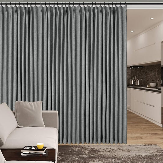 Mid Grey Pinch Pleat 100% Blackout Drapes Linen Blend, Room Divider, Room Darkening, Energy Saving, Furniture Protecting, Light Blocking Extra Wide Privacy Curtains, 200Wx108L, 1 PC