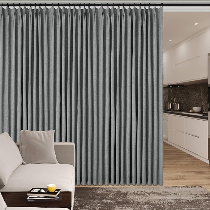 Mid Grey Pinch Pleat 100% Blackout Drapes Linen Blend, Room Divider, Room Darkening, Energy Saving, Furniture Protecting, Light Blocking Extra Wide Privacy Curtains, 200Wx102L, 1 PC