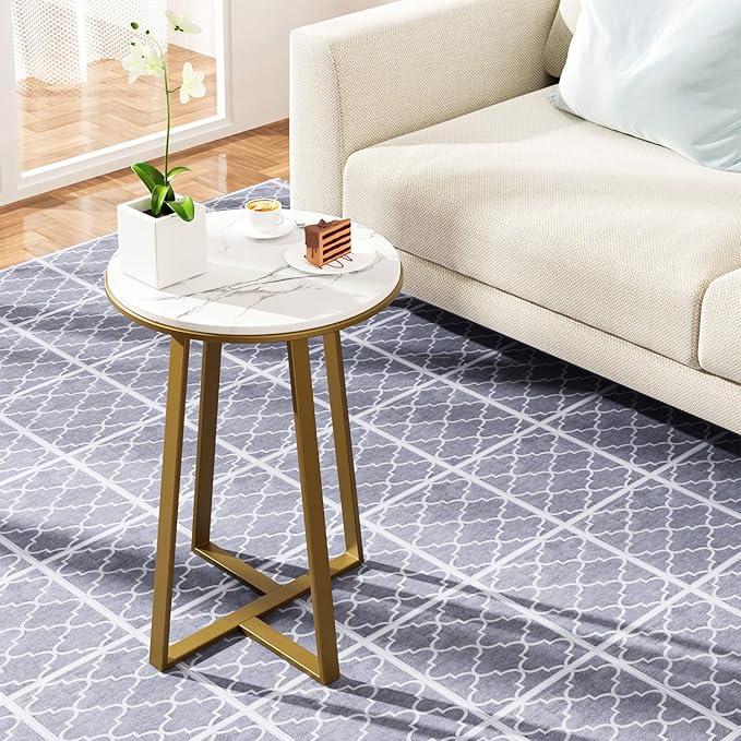 Round End Tables, Small Side Table White Marble Texture MDF Top,Metal Frame Gold Color, Tall End Table for Bed Room,Coffee Tea End Table for Living Room (White Marble+Gold)