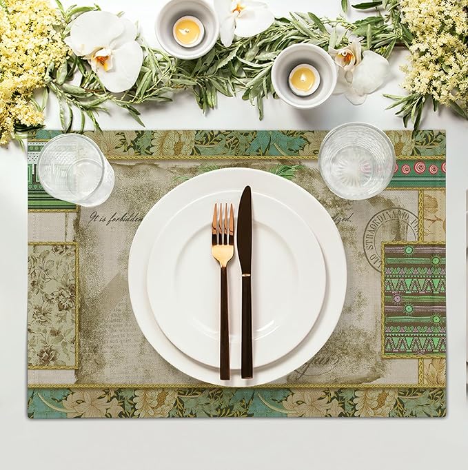 Tropical Palm Tree Placemats Set of 4 Summer Vintage Green Leaf Kitchen Table Mat 12x18 Inch Hawaii Beach Jungle Plant Tree Heat Resistant Washable Linen Place Mats for Dining Tables