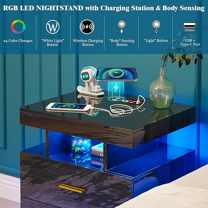 Night Stand with Light, High Gloss Nightstand with USB/Wireless Charging Station, LED Black Nightstands with Storage Drawers, RGB Side End Table for Bedroom Furniture（Black）