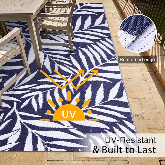 OLANLY Waterproof Outdoor Rug 5x8 ft, Reversible Outdoor Plastic Straw Rug with Leaf Pattern, RV Mat, Indoor Outdoor Carpet for Patio, Camping, Balcony, Deck, Backyard, Navy & White