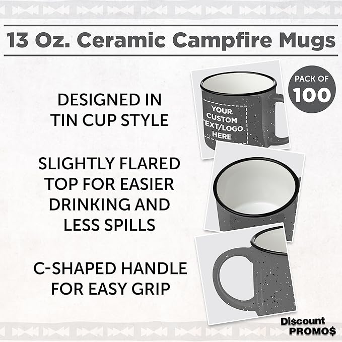 DISCOUNT PROMOS Custom Ceramic Campfire Coffee Mugs 13 oz. Set of 100, Personalized Bulk Pack - Perfect for Tea, Espresso, Cappuccino, Hot Cocoa - Grey