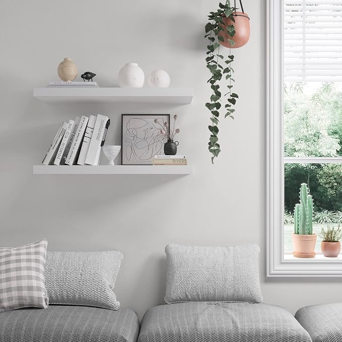 Floating Shelf, Set of 2 Wall Shelf, 30 in W x 12.75 in D x 2 in H Wooden Floating Wall Shelf with Invisible Brackets for Living Room/Bedroom/Bathroom/Kitchen Storage and Decor, White