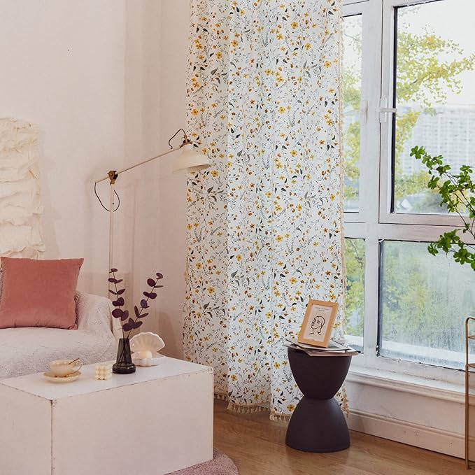Sutuo Home Boho Curtain Semi-Blackout Yellow Florals Print Cotton Linen Fabric, Handmade Tassels Rod Pocket Bohemian Farmhouse Country Window Drapes for Living Bedroom, 59" W x 84" L, 1 Panel