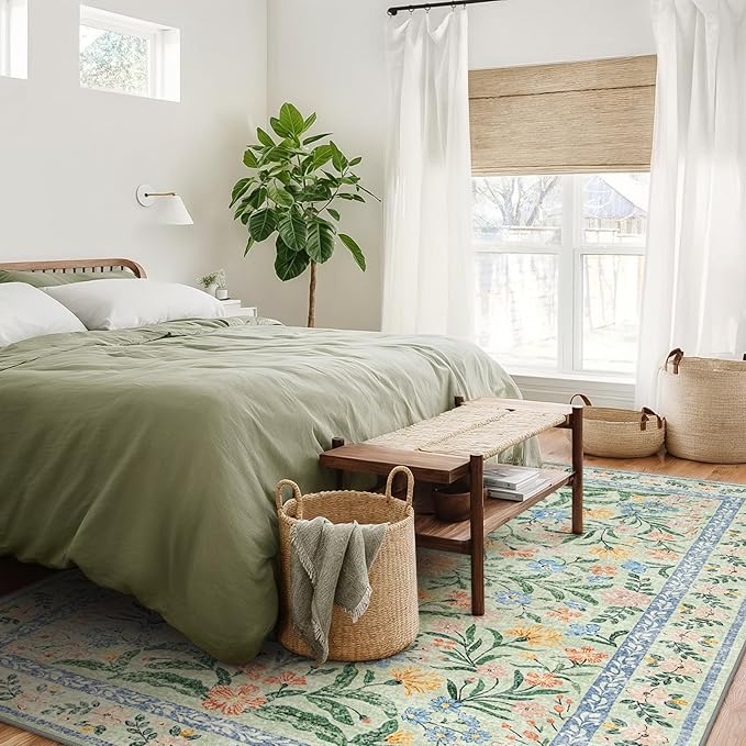 Wonnitar Boho Washable Rugs 8x10, Large Floral Rugs for Bedroom, 8 x 10 Soft Green Living Room Carpet, Non Slip Ultra-Thin Carpet for Kids Playroom Dorm Dining Room