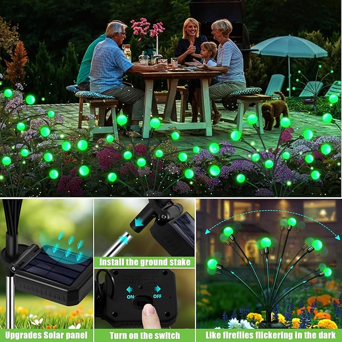 Solar Firefly Light, Christmas Lights for Outside Decorations, 4 Pack 24 LED Green Solar Garden Lights, Outdoor Waterproof Garden Decor for Yard Patio Pathway Lawn Christmas